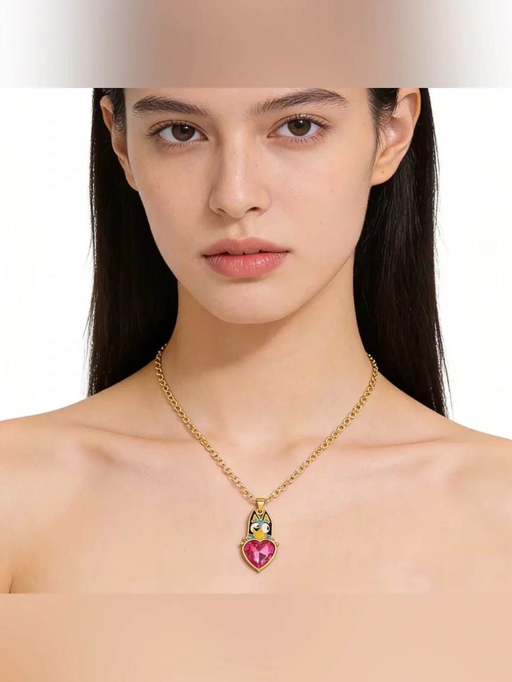 Bluey Holding Ruby Colored Heart Gold Tone Pendant Necklace Disney Character